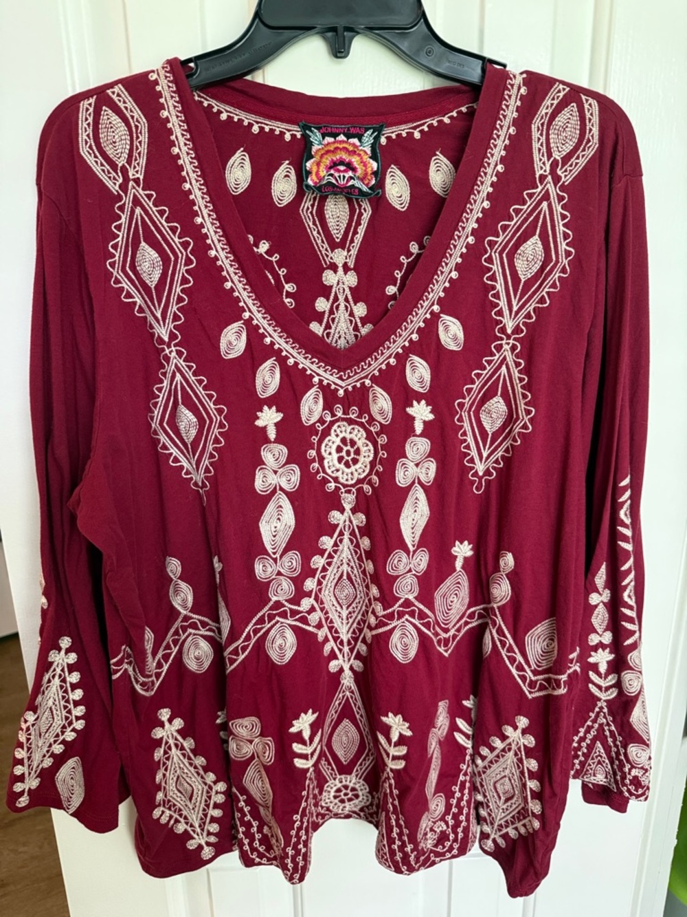 Embroidered V-Neck Women’s Top - Burgundy